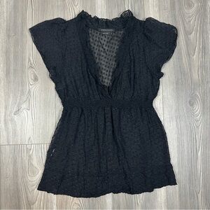 BCBG MaxAzria Black Sheer Polka Dot Flutter Sleeve Smocked‎ Waist Blouse Size S
